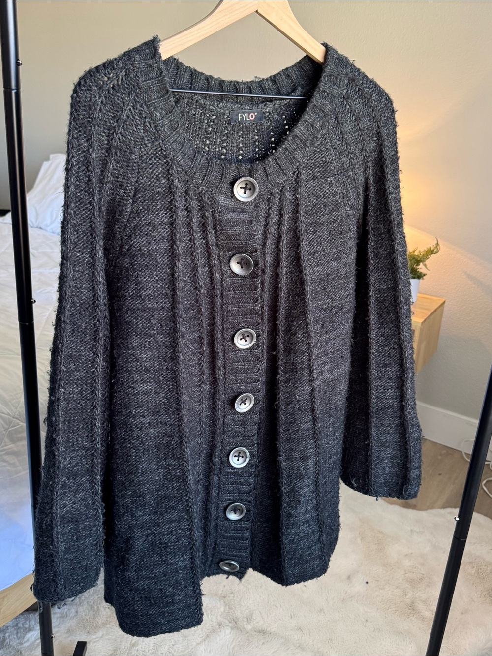 FYLO Charcoal Button-Front Knit Cardigan